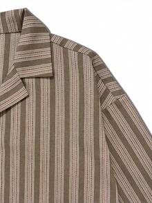 Men's Striped Button-Down Shirt, Short Sleeve, Collar, Textured Striped Print, Brown Khaki Top, Vintage Aesthetic, Understated Luxury, Beach Vacation, Soft Touch, Casual Summer Holiday Outing Shirt - White - View 6