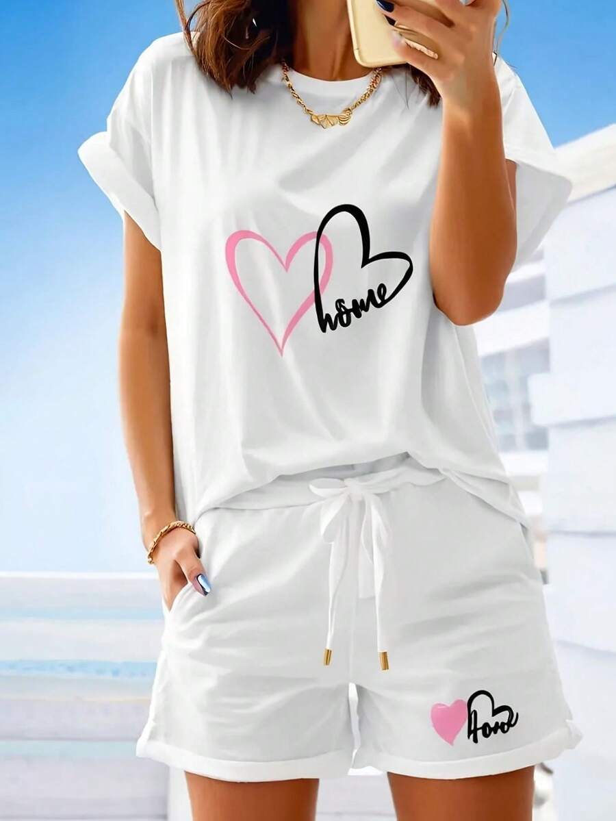 Women's White Short Sleeve T-Shirt With Double Love Line Pattern, Round Neck, Soft And Smooth Design (No Pants), Casual Style, Cool And Breathable, Attractive Retro Urban Bohemian Style, Ideal For Daily Comfort And Relaxation. - 白色 - 查看 1