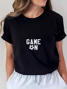 Women's 180g T-Shirt With "GAME ON" Football Design - Perfect For Family Fun, Corporate Team Building, And Holiday Gifts - Comfortable And Stylish - Ideal Choice For Spring And Summer Celebrations. C9OR - 黑色 - 查看 1