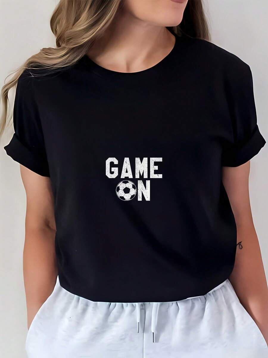 Women's 180g T-Shirt With "GAME ON" Football Design - Perfect For Family Fun, Corporate Team Building, And Holiday Gifts - Comfortable And Stylish - Ideal Choice For Spring And Summer Celebrations. C9OR - 黑色 - 查看 1
