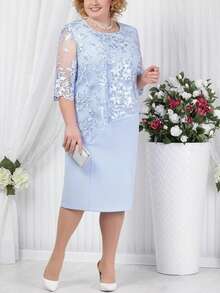 New Women's Plus Size Cocktail Dress, Light Blue, Round Neck, 3/4 Sleeves, Lace Appliqués, Mock Double Layer, Elegant And Flattering Design, Perfect For Events, Parties And Dinners - 藍色 - 查看 10