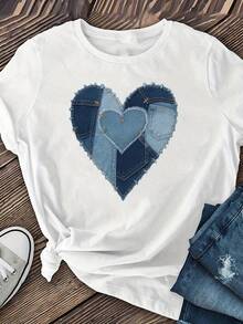 Short-Sleeved Cropped T-Shirts With Denim Print, Casual Style, Summer Clothing For Women, Women's Clothing - 白色 - 查看 1