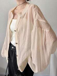Chaqueta casual y holgada de mujer con decoración de botones metálicos, versátil para primavera y verano - Caqui - Ver 12