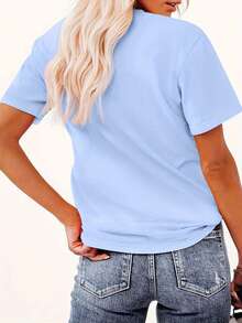 Estampado Artístico de Letras - Elegante y a la Moda - Camiseta de Cuello Redondo para Mujer, Manga Corta Casual Deportiva, Tallas S-XXL, Varios Colores Disponibles - Cielo azul - Ver 4