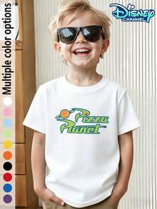 Officially Licensed Disney Casual T-Shirts For Boys And Girls. The Front Features A Mini Retro "Pizza Planet" Logo Print, While The Back Displays A Group Portrait Of The Three-Eyed Characters Along With A Themed Slogan, Recreating Classic Scenes From Toy Story Featuring The Three-Eyed And Pizza Planet. Bright Colors And Rich Details Make These T-Shirts Specially Designed For Children Who Love The Disney Toy Story IP. The Fabric Is Skin-Friendly And Breathable, Wicking Away Moisture And Preventing Stuffiness. The Crew Neck Pullover Design Makes Them Easy To Put On And Take Off, Suitable For Various Occasions Such As Theme Park Visits, Family Trips, School Outings, And Outdoor Parties. They Pair Well With Jeans, Cargo Shorts, And Sweatpants. The Print Is Durable And Washable, Meeting The Daily Wear Needs Of Children Aged 4-12 And Making A Delightful Surprise Gift For Your Child. - White - View 2