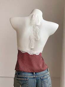 Top halter sin espalda con parches de lunares y encaje para mujer - Marrón - Ver 2