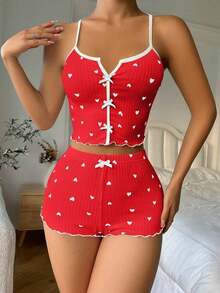 pijama / Pijama con estampado de corazón, ribete contrastante y lazo delantero - Rojo - Ver 3