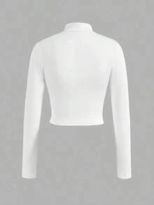 Camiseta de manga larga de ajuste ceñido con cuello en V y media cremallera elástica informal, esencial básico para otoño e invierno de mujeres - Blanco - Ver 2