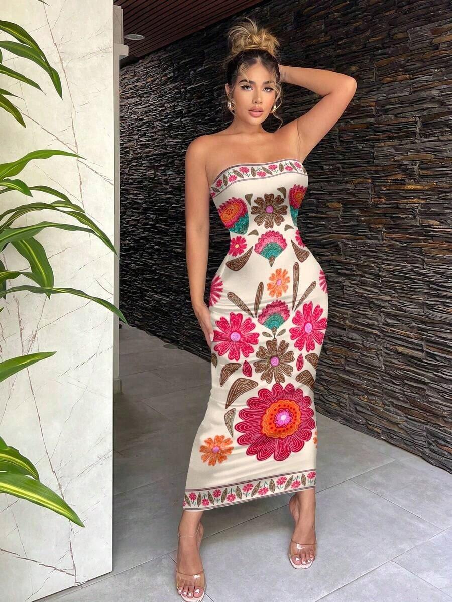 Vestido ajustado con estampado floral retro y estilo bohemio casual para mujeres, adecuado para vacaciones de verano - Multicolor 2 - Ver 1