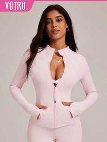 Chaqueta de manga larga para mujer con agujeros para el pulgar, 2 bolsillos, parte superior deportiva para correr y hacer ejercicio, color negro, primavera - Rosa Pálido - Ver 1