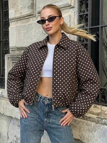 Chaqueta con bolsillo con cremallera de lunares rosas para mujer - Abrigo casual suelto con solapa para primavera/otoño - Marrón 2 - Ver 4