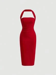 Vestido ajustado con cuello de halter fruncido y espalda descubierta - Rojo - Ver 5