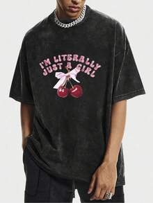 Men's & Women's 230g Washed Cotton T-Shirt - Fun Red Cherry Print With The Phrase "I'm Really Just A Girl", Loose Fit Streetwear Style, Machine Washable Casual T-Shirt For All Seasons, Suitable For Outdoor Travel And As A Gift (For Family/Friends/Colleagues), Streetwear, Soft Fabric T-Shirt. - 黑色 - 查看 1