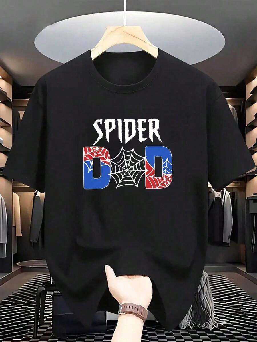 Camiseta de Verano para Hombre 100% Algodón, Ropa Masculina Transpirable Estilo Urbano, Camiseta Creativa con Estampado de Telaraña y Papá Araña, Camiseta de Algodón Transpirable de Manga Corta, Corte Holgado y Suave, Moda Urbana Masculina, Combina con Todo. - Negro - Ver 1