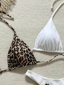 Swim Vcay Nuevo conjunto de bikini con múltiples piezas, de tiras de espagueti, corte alto y estampado de leopardo y unicolor - Multicolor 2 - Ver 6