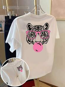 Camiseta de Manga Corta para Mujer con Estampado Frontal y Trasero, Diseño Clásico y Cómodo, Estilo Casual con Cuello Redondo, Estampado de Gafas de Tigre Moderno, Doble Cara, Artículo Estiloso - [Blanco] - Ver 1