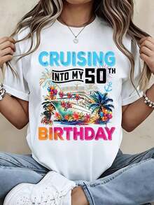 1 Piece Women's Round Neck T-Shirt With Cruise Design On My 50th Birthday, Cruise Ship, Palm Trees, Balloons And Fireworks, Short Sleeve, Casual Party And Celebration Wear, 180g, 100% Cotton. - 白色 - 查看 1