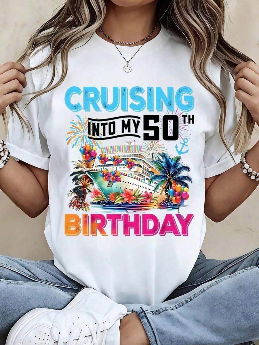 1 Piece Women's Round Neck T-Shirt With Cruise Design On My 50th Birthday, Cruise Ship, Palm Trees, Balloons And Fireworks, Short Sleeve, Casual Party And Celebration Wear, 180g, 100% Cotton. - 白色 - 查看 1