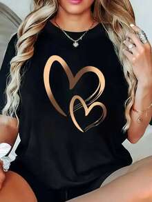 One-Piece Women's Blouses On , Pretty Blouses For Women, Women's Clothing Sets For Women, Two-Heart Print T-Shirt, 180g Black And White, Heart Print Pattern, High-Quality Print, Round Neck - 黑色 - 查看 9