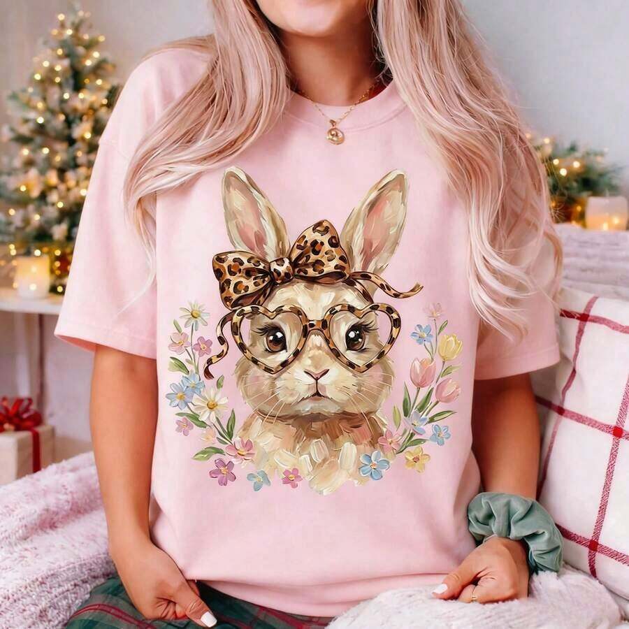 Unique Piece, Hand-Painted Easter Bunny, Leopard Print Bow, Floral Design, Intense Colors, Multiple Color Options, Women's Summer Casual T-Shirt, Vacation Style, Book Themed T-Shirt, Fun Prints, Music Festival, Easter, Teacher's Day. - 多色 1 - 查看 1