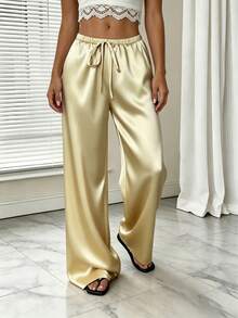 1pc Solid Color Drawstring Pocket Pants, Suitable For Home, Daily Wear, Holidays, Singles Party, Satin, All Seasons Spring - Yellow - View 3