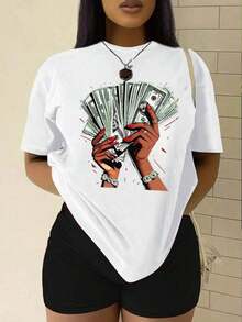 Camiseta de manga corta casual estampada para mujer, camisetas gráficas de mujer para primavera/verano - Blanco - Ver 7