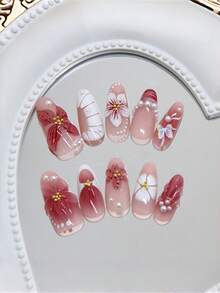 10pcs French Ombre 3D Floral Decor Water Wave Diamond Design Y2K Fresh Style Glossy Full Cover False Nails, Suitable For Spring, Almond Shape Acrylic Nail Stickers - Multicolor - View 4