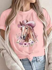 Women's Graphic T-Shirt, Short Sleeve, Round Neck, Basic, Comfortable, Cool, Lightweight, Modern, Youthful Print, Horse, Hat, Cowboy, Cowgirl, Western, Flowers, Floral, Watercolor - 羅莎 - 查看 1