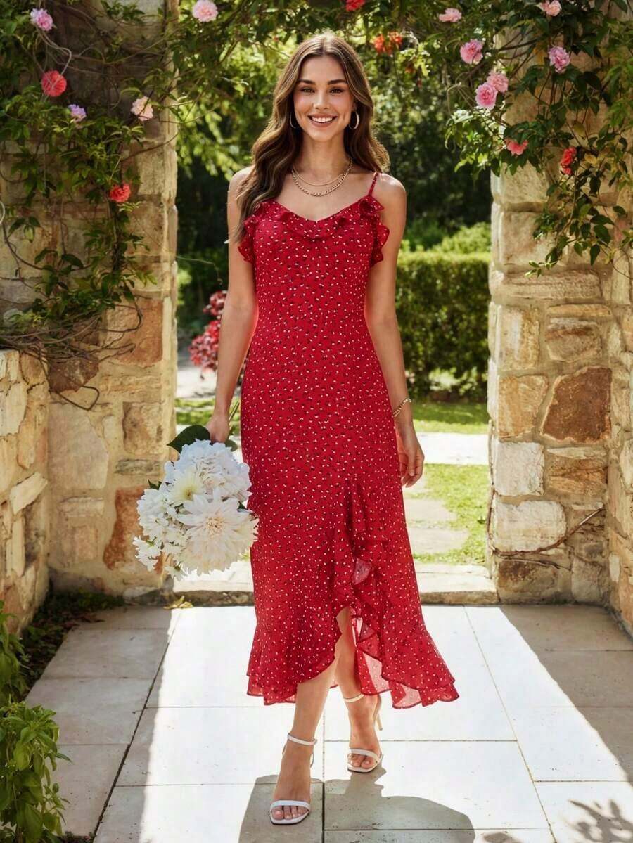 Vestido ajustado con abertura y volante en el bajo, estampado, para mujer, ideal para primavera y verano - Rojo - Ver 1