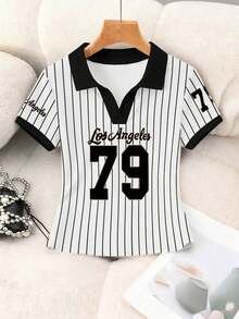 Blusa casual de mujer con cuello polo a rayas y manga corta - Blanco y Negro 3 - Ver 5