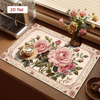 1pc Vintage Floral Pattern Pink Rose Elegant Dish Drying Mat, Absorbent, Suitable For Dining Table And Cafe, Multipurpose Drainage Pad, Home Gift, Desktop Decor