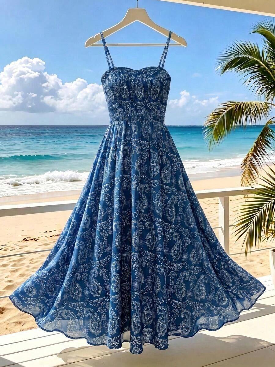 Vestido largo de mujer con estampado de paisley elegante sin mangas, cintura ceñida, adecuado para la playa, viajes, uso casual, sesión de fotos, vestido largo con estampado floral azul, primavera/verano - Azul marino - Ver 1