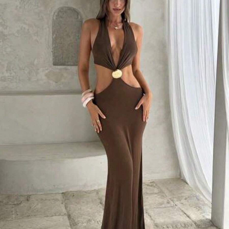 Women Midi Dresses - Coffee - View 1