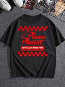 Women's Retro Space Diner Graphic Tee With A Relaxed Fit, Featuring A Planet And Pizza Print. A Stylish Casual Tee For Foodies And Sci-Fi Lovers. Made From A Lightweight And Comfortable Cotton Blend. - 黑色 - 查看 3