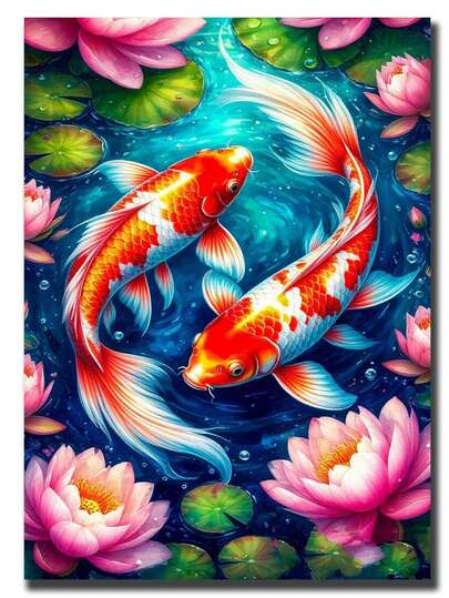 池塘鲤鱼莲花锦鲤DIY钻石画套装 - 钻石艺术马赛克工艺品，温馨治愈的艺术设计，沉浸式手工减压，家居装饰艺术DIY工艺爱好者的节日惊喜礼物