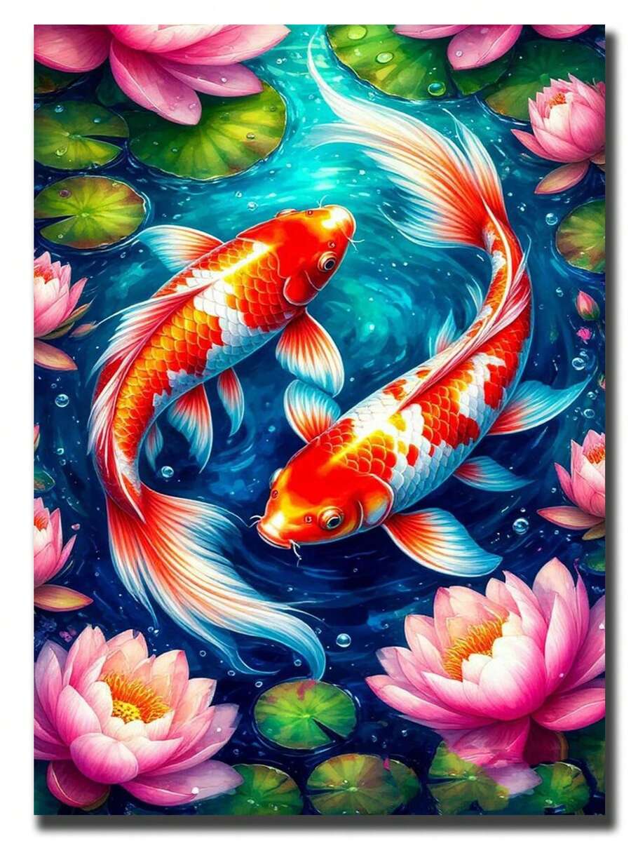 池塘鲤鱼莲花锦鲤DIY钻石画套装 - 钻石艺术马赛克工艺品,温馨治愈的艺术设计,沉浸式手工减压,家居装饰艺术DIY工艺爱好者的节日惊喜礼物 - 圓鑽 - 查看 1