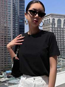 大码女式休闲圆领短袖上衣，女士黑色夏季T恤 - 黑色 - 查看 6