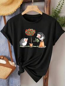 Elegante camiseta de manga corta para mujer con estampado de erizo y árbol de riego| Estilo vintage, cuello redondo, tejido de elasticidad media, cómoda y transpirable, ideal para primavera, verano y otoño, disponible en tallas S-XL - Negro - Ver 2
