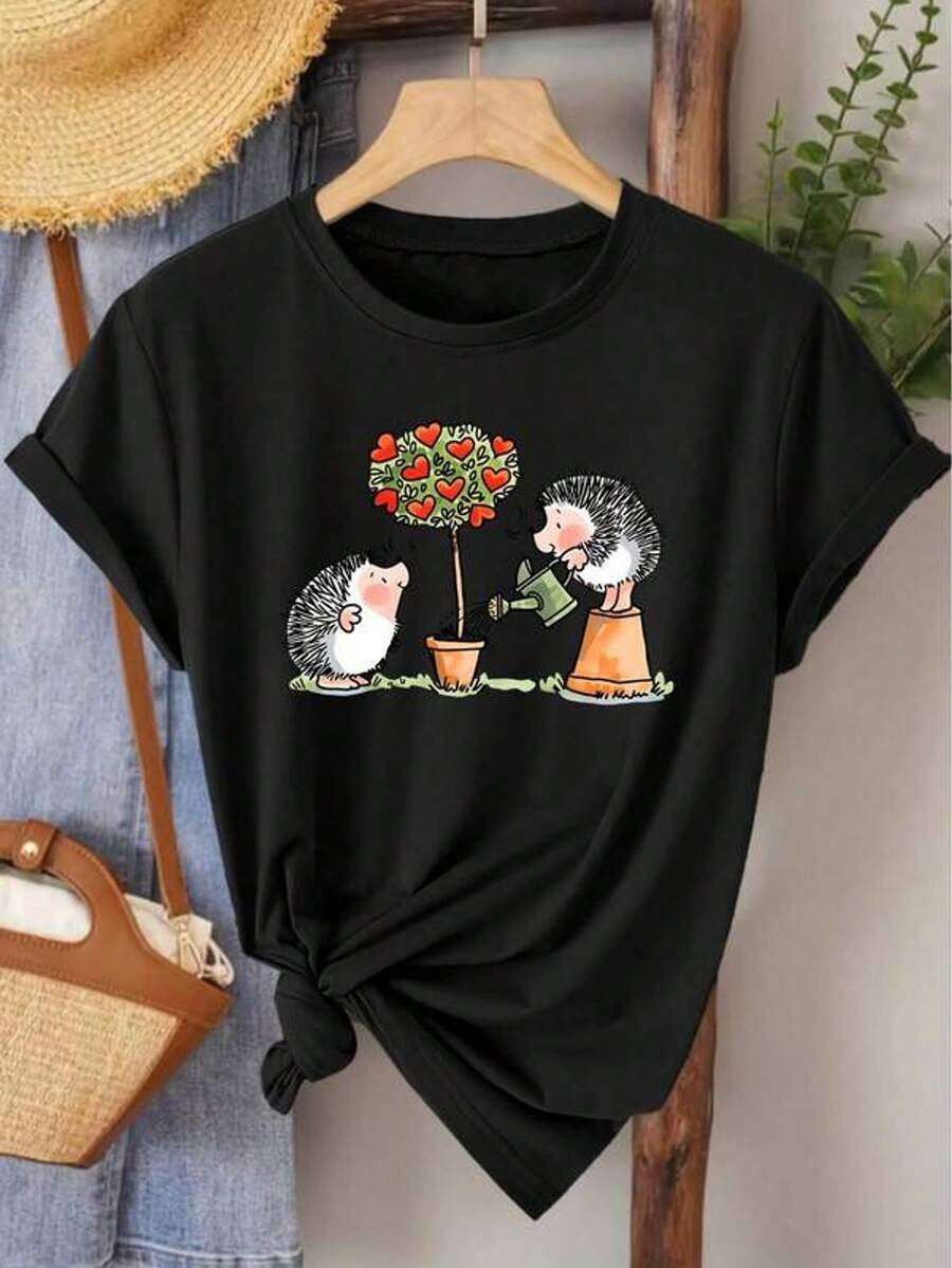 Elegante camiseta de manga corta para mujer con estampado de erizo y árbol de riego| Estilo vintage, cuello redondo, tejido de elasticidad media, cómoda y transpirable, ideal para primavera, verano y otoño, disponible en tallas S-XL