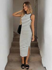 Vestido midi ajustado sin mangas con cuello redondo y bloques de color para mujer , vestido de verano, vestido de rayas verticales, vestido midi ajustado, vestido largo ajustado, vestido de verano con abertura, vestido de verano, vestido de primavera, vestidos elegantes para mujer, vestido de vacaciones para mujer, vestido midi blanco, vestido elegante de verano para mujer, vestido midi casual. - Blanco y Negro - Ver 3