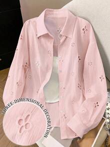Camisa casual de mujer de manga larga con bordado calado y abotonadura sencilla - Rosa - Ver 12