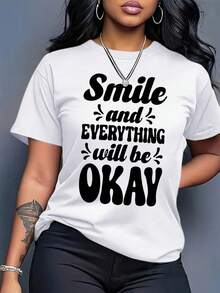 Talla - Camiseta de manga corta para mujer estilo boho chic - Blusa blanca con cuello redondo, sonrisa audaz y todo saldrá bien, estampado de arte, top casual con patrón geométrico para usar en todas las estaciones, comodidad diaria |   Camisa de ajuste relajado, camisetas para mujeres - Blanco - Ver 4