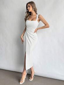 Vestido de cuello cuadrado para mujer con cintura fruncida y abertura.Elegante y adecuado para vacaciones, uso diario o temporada de bodas - Blanco - Ver 6