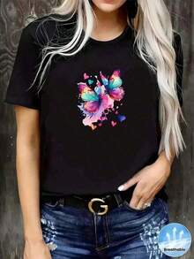 Camiseta de manga corta con estampado gráfico para mujer, diseño de donut SPRINKLE KINDNESS, 100% poliéster, cuello redondo informal para verano y primavera, lavable a máquina, camiseta con estampado de donut para uso casual de primavera. - Negro - Ver 7