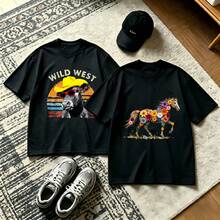 2-Piece Couple Matching Pattern T-Shirt, 100% Cotton, Loose Fit, Soft And Breathable, Casual Round Neck Short Sleeved Top King Bandana Portrait Sweet Roses Bouquet Versatile Patterns No Picky Combinations Coordinated Dating Casual Travel Simple And Cartoonish Printing Styles High Cost-Effectiveness - 黑色 - 查看 1
