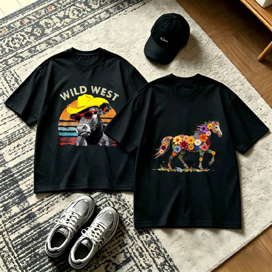 2-Piece Couple Matching Pattern T-Shirt, 100% Cotton, Loose Fit, Soft And Breathable, Casual Round Neck Short Sleeved Top King Bandana Portrait Sweet Roses Bouquet Versatile Patterns No Picky Combinations Coordinated Dating Casual Travel Simple And Cartoonish Printing Styles High Cost-Effectiveness - 黑色 - 查看 1