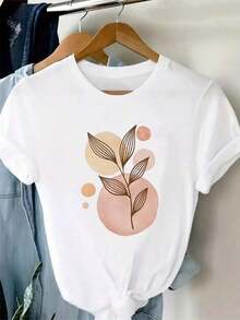 Camiseta de Manga Corta con Estampado de Hojas para Mujer - Blusa Casual de Cuello Redondo con Tejido de Elasticidad Media, Esencial para el Armario de Primavera, Verano y Otoño, Cómoda para Uso Diario (Lavable aáquina) para Conjuntos Casuales y Atuendos Semi-Formales - Disponible para EntregaCamiseta de manga corta de primavera/verano 2023 con estilo de moda americana, estampado para jóvenes, con un diseño de cuello redondo que y versátil para uso casual, talla - Blanco - Ver 7