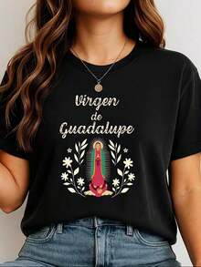 SummerVirgen De Guadalupe Our Lady Of Guadalupe Tshirt Virgen De Guadalupe Shirt Virgin Mary Tee, Camiseta GráFica De Mujer De Manga Corta Con Cuello Redondo, Para Uso Diario Casual, Camisa - Negro - Ver 1