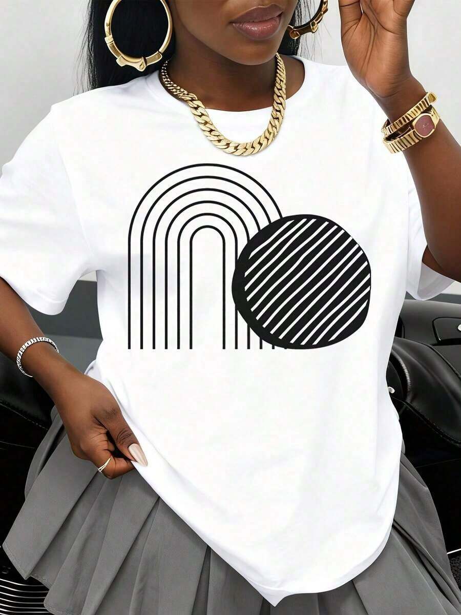 Camiseta Casual con Diseño Geométrico en Blanco y Negro, Camiseta de Mujer Casual de Talla Grande con Estampado Gráfico, Top de Moda, Estilo Minimalista, Estampado Artístico, Ropa de Verano, Estilo Streetwear, Patrón Abstracto Moderno, Ropa para Uso Diario, 100% Algodón, Duradera - Blanco - Ver 1