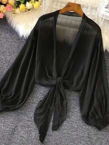 de punto con mangas farol y lazada delantera para mujer, prenda ligera de verano - Negro - Ver 1